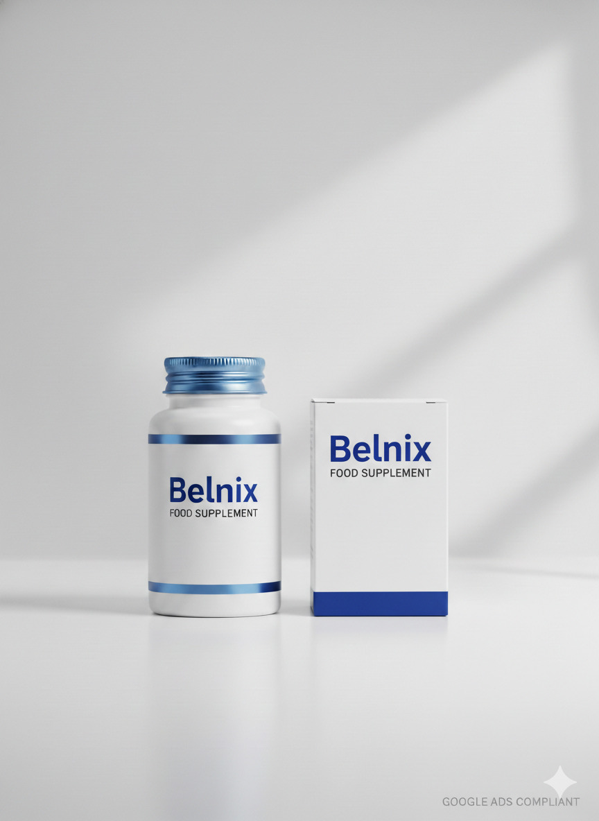 Belnix food supplement bottle and capsule packaging on a neutral surface